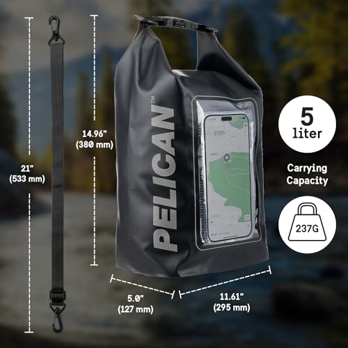 Image of Pelican Marine IP68 Waterproof Dry Bag 5L with Phone Pouch /Case - Black | Roll Top Waterproof Backpack with Touchscreen Phone Pouch - Swimming, Kayaking, Camping, Rafting, Fishing & Travel Essentials