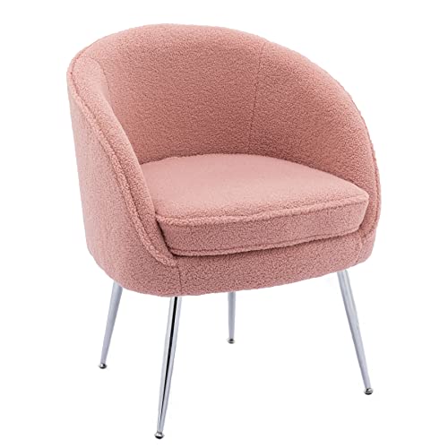 Beauxi Soft Teddy Fabric Accent Armchair Dining Chair Vanity Chair Reading Chair With Shining Electroplated Chrome Legs (Pink) #TOP4