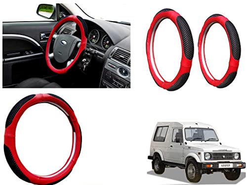 Image of Microfiber Car Steering Wheel Cover, Soft Padding Great Hand Feel, Anti-Slip, Faux Leather Steering Cover for Maruti Suzuki Gypsy King | Black Red Jali - Pack of 1