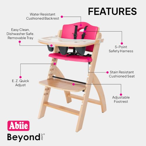 Image of Abiie Beyond Junior Wooden High Chair for Babies and Toddlers - Convertible 3-in-1 Baby Highchair with Removable Tray - 6 Months to 250 Lb - Water Resistant - Natural Wood /Raspberry Cushion