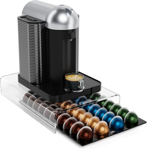 Kapselhalter Kompatibel mit Nespresso Vertuo Kaffeepads Transparenter Kaffeekapseln Aufbewahrung für 40 Kapseln Leichtgängiges Ausziehdesign Acrylic Schubladenbox Kaffeemaschinenständer