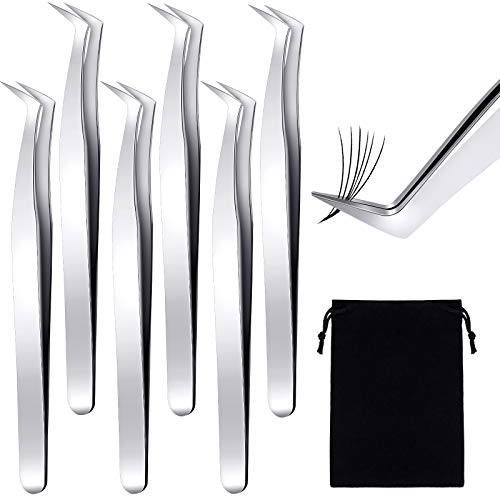 6 Piece Eyelash Extension Tweezers Stainless Steel Precision Tweezers Volume Tweezers Eyelash Extension Tweezers Curved Tip False Lash Tweezers with Black Storage Bag for Individual Eye Lash Extension