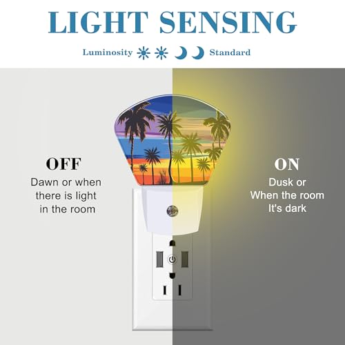 Image of Tropical Palm Tree Night Light Plug into Wall, Sunset Beach Night Light with Dusk to Dawn Sensor for Kid Girls Boys Women Men Bedroom, Hallway, Kitchen, Bathroom, Stairs Decor