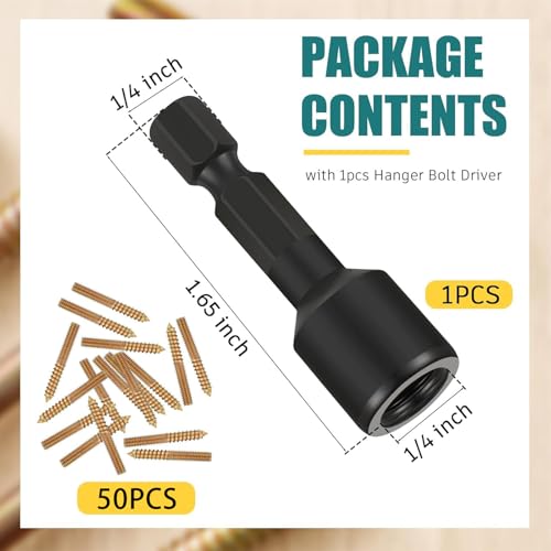 Image of Hicarer 50 Pack 1 /4-20 x 2 Inch Hanger Bolts Double Headed Bolts with Driver Self Tapping Screw Threaded Rod Screws for Furniture Double Headed for Wood Furniture Joint (Gold)