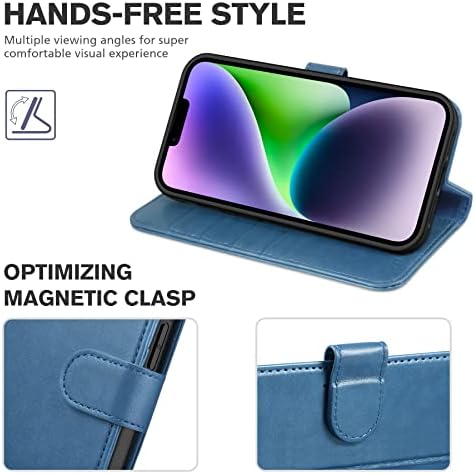 TUCCH Wallet Case for iPhone 14 (6.1") 2022 5G, Magnetic Protective PU Leather Flip Folio Cover with[RFID Blocking][Credit Card Holder]Viewing Stand[Shockproof TPU]Compatible with iPhone 14, Lake Blue