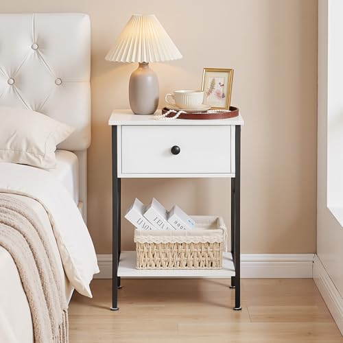 Image of VECELO Nightstands, Modern Bedside End Tables Set of 2, Night Stand with Drawer and Storage Shelf for Living Room Bedroom, Industrial Metal Frame