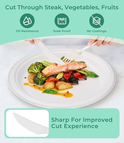 Cexovo 150 Stück Abbaubare Geschirr Set Einweggeschirr Einwegteller Set Hergestellt aus Zuckerrohr Bagasse Faser, mit Gabeln Messer Löffel Teller Becher, 25 Gäste für Grillfest, Camping, Picknick