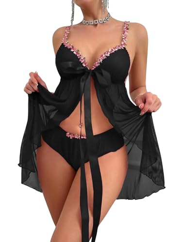 Rayson Conjunto de Lencería para Mujer Sexy 2 Piezas Vestido con Abertura Delantera de Tul y Adornos Florales con Braguita(Negro)
