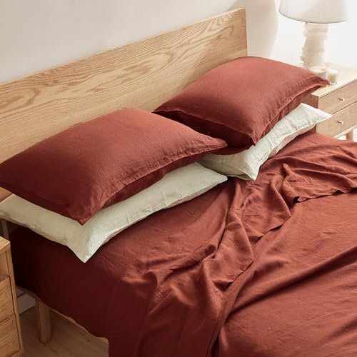 DAPU Pure Linen Sheets Set, 100% French Linen from Normandy, Breathable and Durable for Hot Sleepers, 3 Pcs Set - 1 Flat Sheet, 1 Fitted Sheet, 1 Pillowcase (Rust Red, Twin)