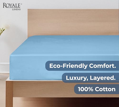 Image of Royale Linens 100% Organic Cotton Fitted Sheet - Percale Weave - Super Soft Deep Pocket Bottom Sheets - Lake Blue Elastic Sheet Twin Size - Twin Fitted Sheets Only - (39 inchx75 inch+15 inch, Lake Blue)