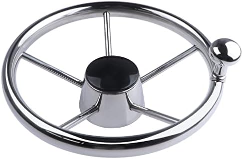 11inch Boat Steering Wheel, Marine Stainless Steel Steering Wheel Adapter fit 3/4 inch Tapered Shaft, 5 Spoke 25 Degree Destroyer Style with Knob & Center Cap for Boats, Yachts, Pontoon Boats