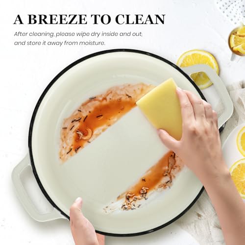 Overmont Cocotte en fonte émaillée – Casserole de 5 l avec couvercle – Livre de cuisine et maniques en coton – Batterie de cuisine robuste pour braiser, ragoûts, rôtir, cuire du pain, blanc – Image 5