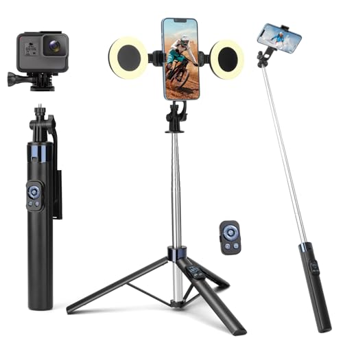 Image of 70” Phone Tripod & Selfie Stick with Light, Metal Tripod Holder with Wireless Remote,Portable Travel Selfie Stick Tripod for iPhone/Android and Gopro