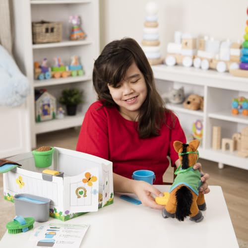 Image of Melissa & Doug Feed & Groom Horse Care Play Set and Plush Toy | 23 Piece Set, Plush Horse, Saddle, Grooming Accessories and Care Checklist, Pretend Play, Preschool Toys for Kids, Ages 3+