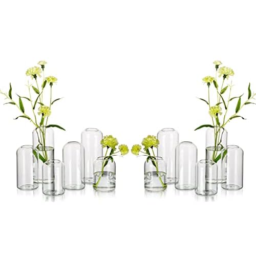 Glass Bud Vases for Flowers – Hewory Blown Modern Small Glass Vases for Centerpieces Set of 12, Mini Clear Bulk Flower Vases for Wedding Party Events Home Decor Floral Arrangement (Not Include Flower)