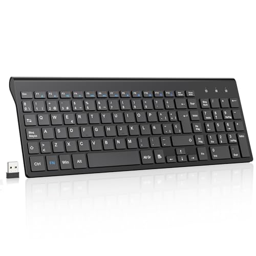 cimetech Teclado inalámbrico, 2.4G QWERTY español Layout, USB Teclado de Ordenador con Teclado numérico y Teclas ergonómicas para Desktop/PC/Laptop/Surface/Smart TV/Notebook y Windows - Negro
