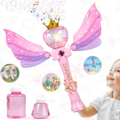 ZWOOS Seifenblasenmaschine Kinder, Bubble Machine mit 130ML Seifenblasen, Prinzessinnen Themen, Musik und Licht Zauberstab für Geburtstag/Party/Hochzeit