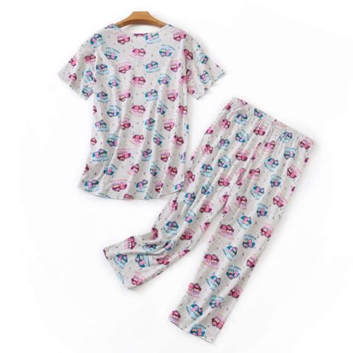 Image of CHUNG Women Cotton Pajama Sets Sleepwear pjs Short Sleeve Shirt Capri Length Crop Pants Cute Vivid Print