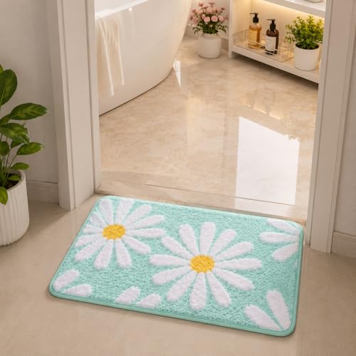 Image of Cotton Floral Door Mat | Water Absorbent, Anti-Skid, Machine Washable Floor Mat | Soft Microfiber Carpet for Home, Living Room & Bedroom | Premium Decorative Mat (Sea Green, Rectangular)