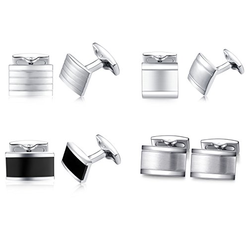 HONEY BEAR 4pairs Rectangle Cufflinks Set for Mens Business Wedding Gift Silver Black with Box