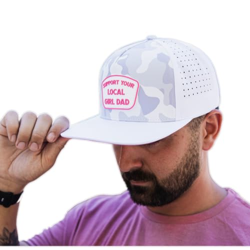 DadBod Apparel DB Support Your Local Girl Dad Hat (White/Pink Patch) Flat Bill Mens Trucker Dad Hat - Snapback Baseball Cap Gang Father Gifts for Men