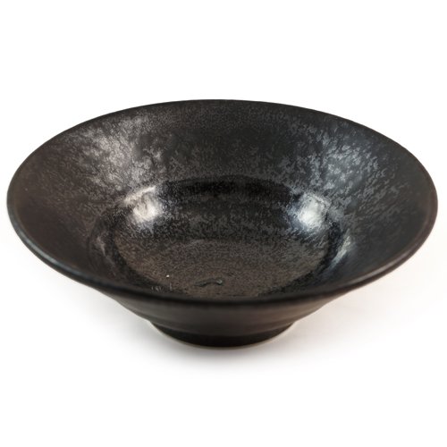 Un Bol En Céramique Japonais - Noir Brillant Plat Glacé Pour Les Nouilles Et La Soupe - 16cm