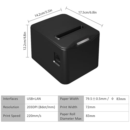 Bisofice Quittungsdrucker 80mm Thermodrucker Bondrucker mit USB+LAN, 220mm/s Thermodirektdrucker mit ESC/POS-Befehl für Restaurants, Supermärkte, Handel
