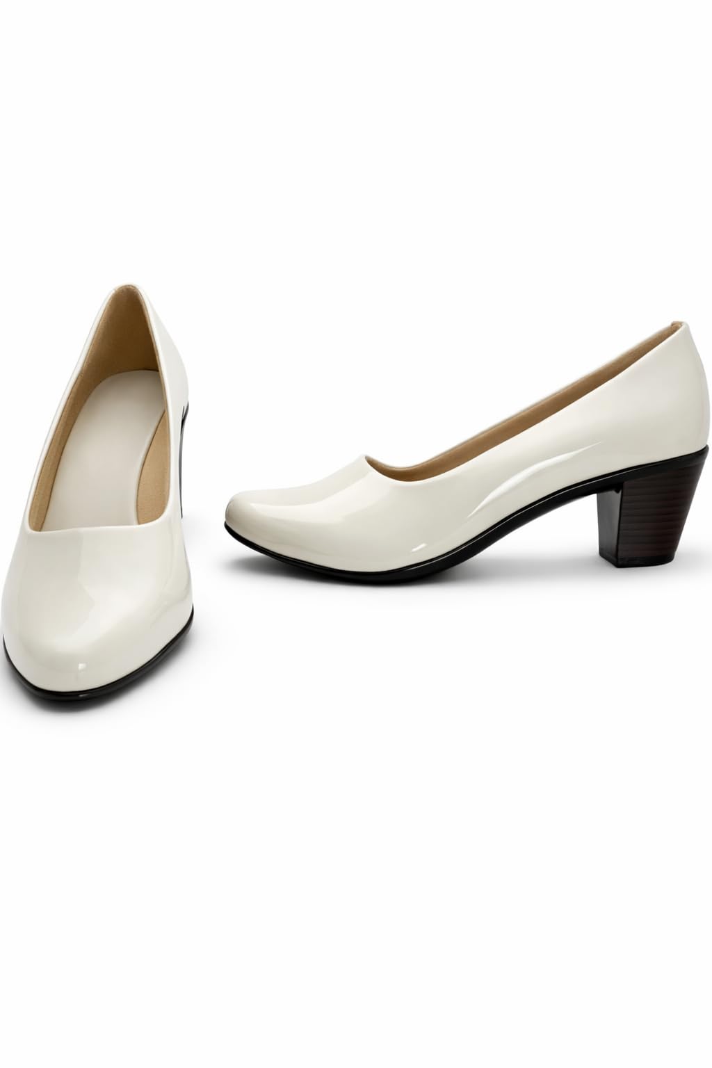 Hey LaVida Women's Block Heel Pumps, White, Glossy Finish, Closed Toe, Formal Office-image-7