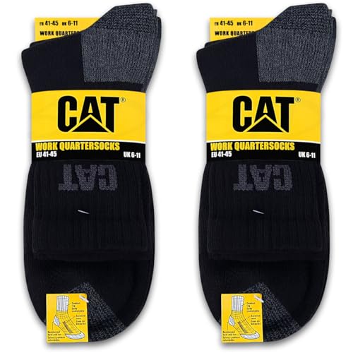CAT 6 pares de calcetines de trabajo cortos de trabajo (cuarto), cintura cómoda, puntera reforzada, talón 41-45/46-50, 6 Pares Negro, 48-50
