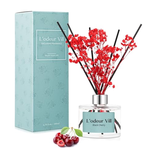 L'odeur Vill Reed Diffuser Set, 6.7 oz(200ml) Black Cherry Scented diffuser with 6 Oil Diffuser Sticks, Home Fragrance Essential Oil reed diffuser for Home Large Rooms Bathroom Shelf Decor