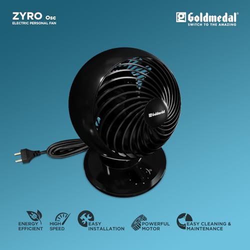 Image of Goldmedal Zyro Osc Electric Small Personal Fan, 180 mm Sweep, Vertical Tilt up to 90 Degree, Jerk Free Oscillation, Aerodynamic Designed Blades for High Speed, Compact Design for Small Spaces - Black