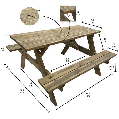 BrackenStyle Tiptree 6 Seat Wooden Picnic Bench - Durable Pub A Frame Picnic Table - Dip Treated Scandinavian Pine (140cm | 6 Person) - 3