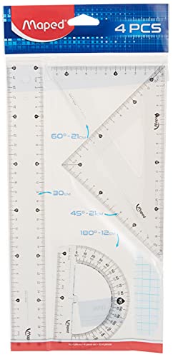 Kit Régua 30cm + Esquadros Escaleno 60° e Isósceles 45° + Transferidor 180°, Maped, Kit Essentials,
