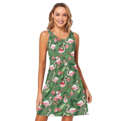 KLL Christmas Pattern with Pink Flamingo Women's Loose Sun Dress Crewneck Beach A-Line Sundress L