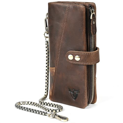 Image of Genuine Crazy Horse Leather Travel Gift Coin Pocket Card Case Long Organizer Chain Rfid Wallet Purse With Snap For Men Male 1803 1815 (1803 Coffee)