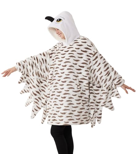 Kgromfy Unisex White Owl Costume Halloween Animal Cosplay Pajamas Flannel Oversized Pullovers Comfy Christmas Hoodie Sweatshirt Warm Loungewear One Size Fits All-White Owl
