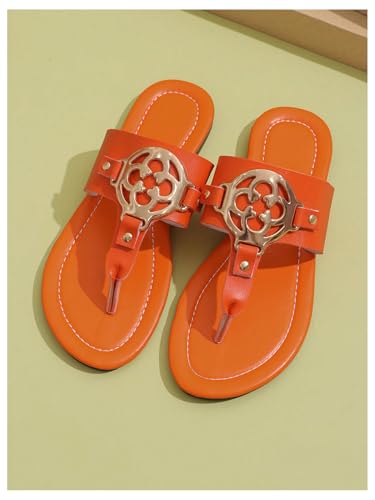 GORGLITTER Women's Leather Thong Sandals 2025 Dressy Metal Open Toe Flat Flip Flops Casual Beach Vacation Shoes2