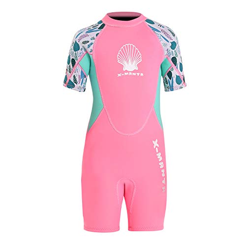NATYFLY Kids Wetsuit,2.5mm Neoprene Thermal One Piece Swimsuit,Boys Girls and Toddler Wet Suits for Scuba Diving,Youth Full Suit (Pink-Shorty Wetsuit, X-Large/6-7Years Old)