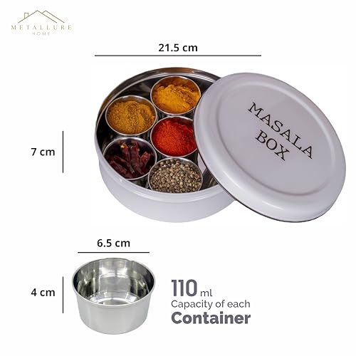 Image of Metallure Home Modern Stainless Steel Masala Box | Masala Dabba with 7 Containers and Spoon | Kitchen Spice Storage Container | Masala Dani (Spoon Included) | Handcrafted Aesthetic Design (Light Grey)