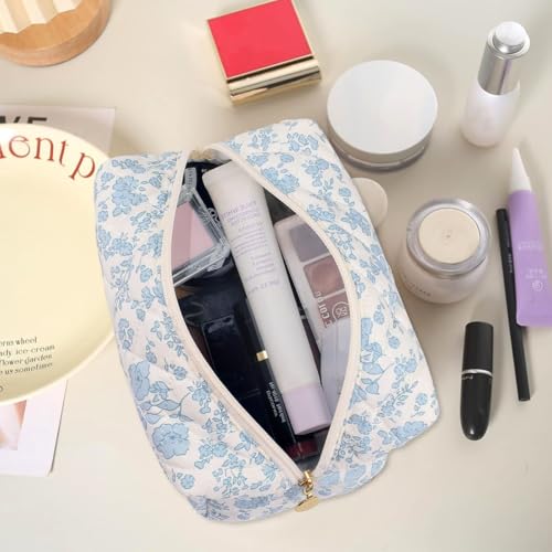 Image of MAYCREATE Fashion Makeup Bag Travel Makeup Pouch Blue Floral Soft Zipper Utility Zipper Pencil Pouch Gadget Stationeries Storage Tool Organizer Bag, 20.5x9x9.5cm