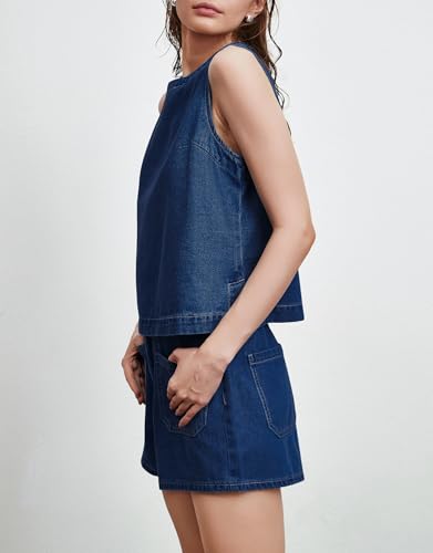 Image of Kedera Summer Denim Set for Women 2 piece Casual Sleeveless Boxy Shirt Tops and Shorts Pants Lounge Sets Outfits