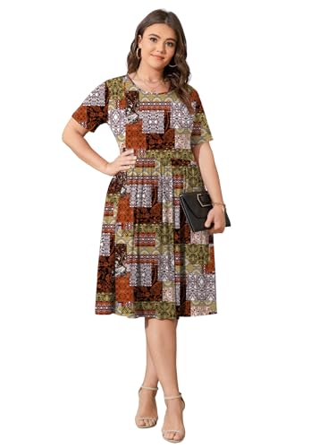 Image of POSESHE Womens Plus Size Summer Dress 2026 Casual Short Sleeve Empire Waist Loose Fit Swing T-Shirt Dress with Pockets