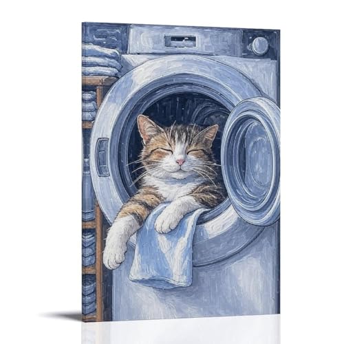Cat Laundry Room Picture Canvas Funny Bathroom Wall Decor,Cat in