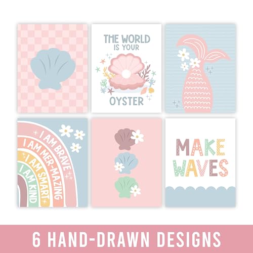 Image of Hadley Designs 6 Mermaid Room Decor for Girls - Mermaid Wall Art for Bedroom and Bathroom, Unframed Under the Sea Prints for Girls Bedroom, Kids Room Decor Posters, Made in USA