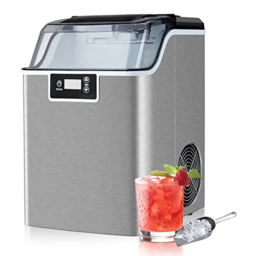 Homtone Nugget Ice Maker Countertop, Stainless Steel Crushed Ice Maker of 44Lbs Daily Output-Portable Quiet Self-Cleaning Pebble Ice Maker with 24H Timer for Home Kitchen Bar (Silver)
