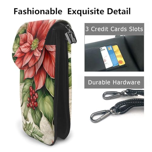 Christmas Flowers Crossbody Bag for Women PU Leather Small Travel Cell Phone Pouch Lightweight Mini Phone Purse Wallet Cross Body Shoulder Bags with Card Slots and Shoulder Strap2