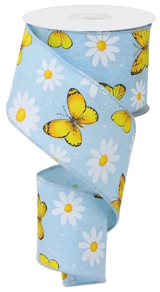 Daisies & Butterflies Wired Edge Ribbon - 2.5 Inch X 10 Yards Pale Blue