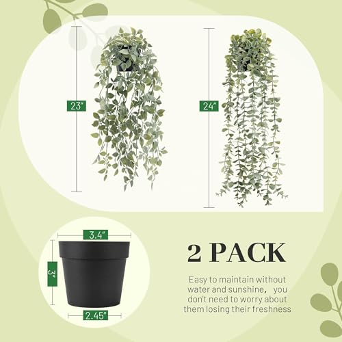 Der Rose 2Pcs Fake Plants Hanging Artificial Decor Faux Potted Eucalyptus and Pea Pod Plants for Boho Bathroom Home Office Desk Wall Shelf Bookcase Accessories Decor Indoor