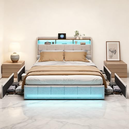 Bett 180x200, Polsterbett Doppelbett mit LED und USB, 4 Schubladen, Kopfteil mit Stauraum, Boxspringbett Bettgestell mit Lattenrost, Modern Jugendbett Erwachsenenbett, Leinen, Beige, Ohne Matratze