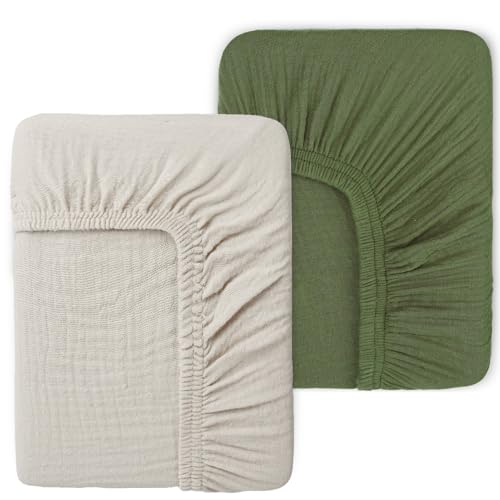 Image of PET REJOIR Muslin Fitted Crib Sheets for Girls & Boys-2 Pack 28"x 52" Soft Baby Mattress Sheet-No Slip Boho Neutral Breathable Toddler Cotton Bedding Olive Green & Beige